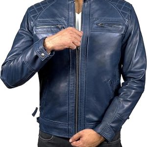 Men’s Stylish Blue Motorcycle Quilted Leather Jacket
