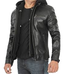 Men’s Black Biker Jacket With Removable Hoodie