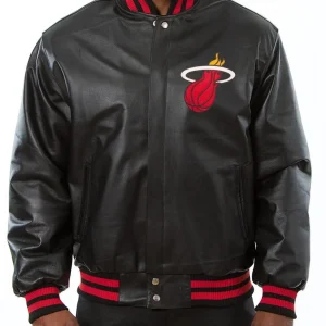 Black Leather Bomber Jacket Miami Heat