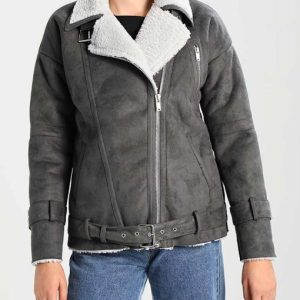 Womens Faux Shearling Grey Motorcycle Jacket