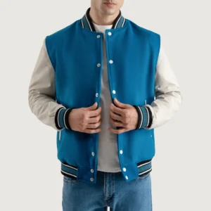 Deep Mid Sky Blue and White Varsity Letterman Jacket