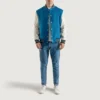 Deep Mid Sky Blue and White Varsity Letterman Jacket 1 Deep Mid Sky Blue and White Varsity Letterman Jacket 4