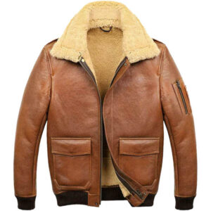 Men's Aviator Camel Brown A2 Fur Shearling Leather Bomber Jacket