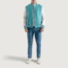 Teal Aqua and White Varsity Letterman Jacket 1 Navy Blue and White Varsity Letterman Jacket 5