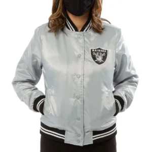 Las Vegas Raiders grey satin varsity jacket